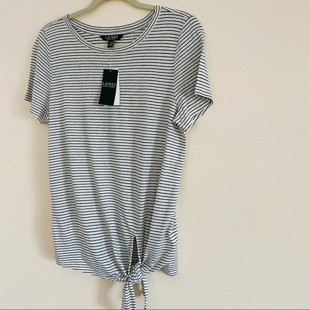 New Lauren Ralph Lauren linen Striped T-Shirt front knot top - Picture 4 of 10